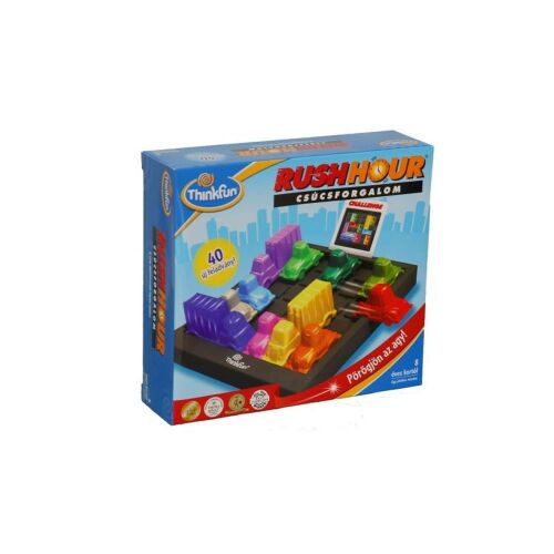 Thinkfun Rush Hour - Csúcsforgalom társasjáték magyar kiadás, a játék doboza színes autókkal egy forgalmi rácson látható - ThinkFun