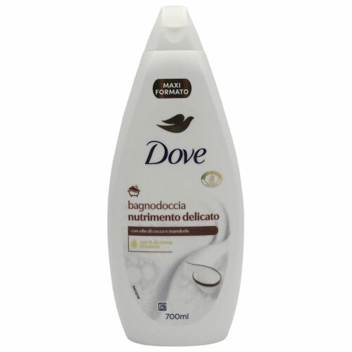 DOVE Pampering zuhanygél 700 ml kókusz és mandulatejjel a táplált és puha bőrért, elölnézet fehér háttérrel - Tusfürdő