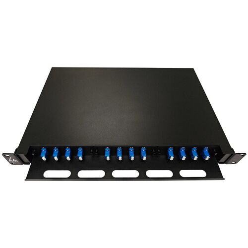 Lanview Patch Panel ODF száloptikai 1U LC 24 magos SM OS2, elölnézet LC csatlakozókkal - Patch panel