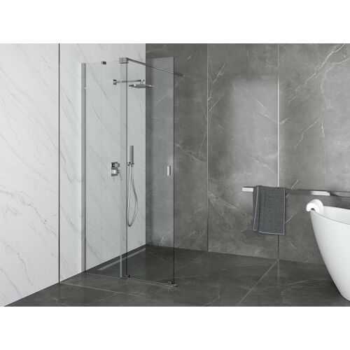 Modern fürdőszoba belső walk-in zuhanyzóval, lineáris lefolyóval, bemutatva a VIRGO 360 DUO 70 Besco lefolyó zökkenőmentes illeszkedését - Lefolyó