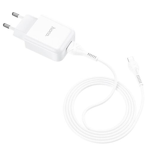Hoco Vigour 10W fehér hálózati töltő USB-A aljzattal és integrált USB-A Lightning kábellel Apple készülékekhez, döntött nézet fehér háttéren - Hoco