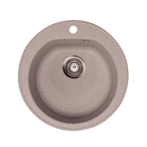 Metalac X Venera E510 gránit mosogatótálca, kerek, bézs színű, 90mm-es szifonnal, felülnézet fehér háttéren - Mosogatótálca