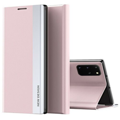 Wooze Silver Line oldalra nyíló tok Samsung Galaxy A06-hoz rózsaszín színben, nyitva és csukva, telefontartó módban - Wooze