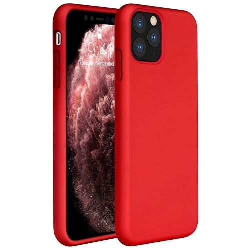 Piros Wooze Liquid Silica Gel szilikon tok Samsung Galaxy S24 FE SM-S721 telefonhoz, ferde nézetben, sima textúrával és pontos illeszkedéssel, benne telefonnal. - Wooze