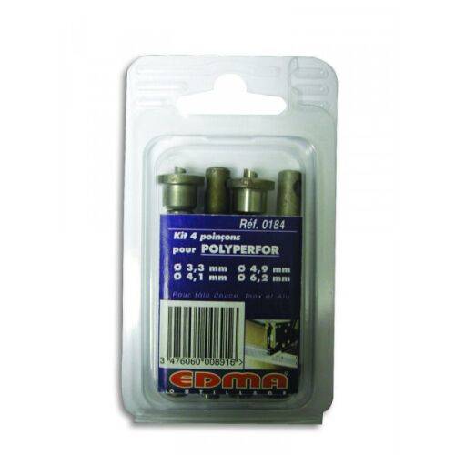 POLYPERFOR lyukasztók fémlemezhez, 4 darabos készlet 3.3mm, 4.1mm, 4.9mm, 6.2mm átmérőkkel, kiskereskedelmi csomagolásban az EDMA-tól - Lyukasztó szerszám