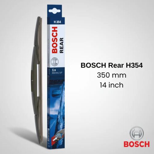 Bosch Rear H354 ablaktörlő lapát és csomagolása 350mm / 14 hüvelyk mérettel, sima háttér előtt - Autóalkatrész