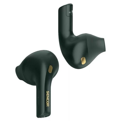 Egy pár Sencor SEP 560BT True Wireless Bluetooth zöld fülhallgató, döntött nézetből látszik a design és a márka logója. - Periféria