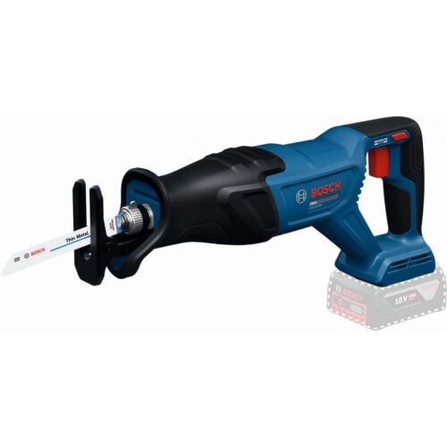 Bosch GSA18V-280 akkumulátoros orrfűrész, ferde nézet, amelyen csak a szerszám látható vékony fém fűrészlappal, akkumulátor nélkül - Barkács és DIY