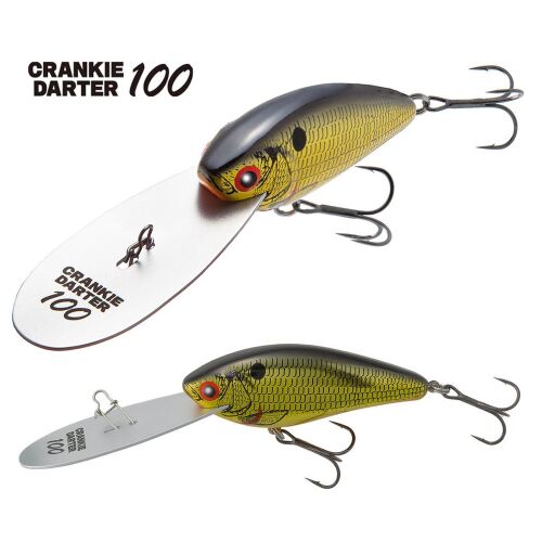 TIEMCO CRANKIE DARTER 100 F horgászcsali, 70mm 13gr, 02 Classic Gold színű, két szögből fehér háttér előtt - Wobbler