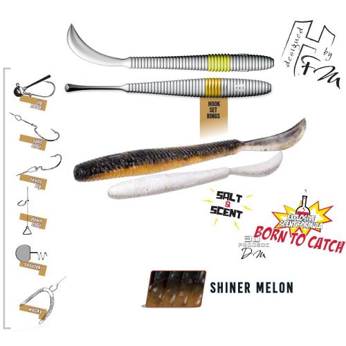 LEFTAIL WORM 3.4" 8.6cm Shiner Melon puha horgászcsali, két puha műcsalit és horogbeállítási diagramokat mutatva - Gumicsali és twister