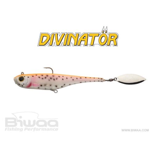 BIWAA DIVINATOR JUNIOR 14cm 22gr 48 Aguabonita gumicsali pergetőcsali spinner farokkal, oldalnézet fehér háttéren - Gumicsali és twister