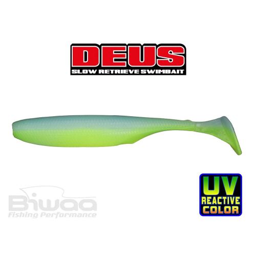 BIWAA DEUS 5 hüvelykes 13 cm 210 Blue Chart lassú bevontatású swimbait UV reaktív chartreuse és világoskék színben, ideális süllő és csukahorgászathoz - Gumicsali és twister