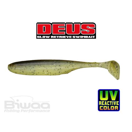 BIWAA DEUS 4 hüvelykes 10 cm-es 204 Kiwi puha csali swimbait horgászcsali UV reaktív színnel, szöges nézet fehér háttér előtt - Gumicsali és twister