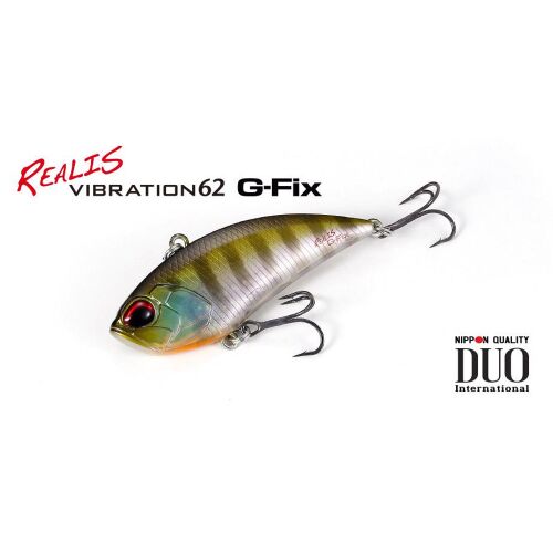 DUO REALIS VIBRATION 62 G-FIX horgászcsali, zöld és ezüst színű horgokkal, 6.2cm, 14.5gr, ferde nézet logóval fehér háttéren - Wobbler