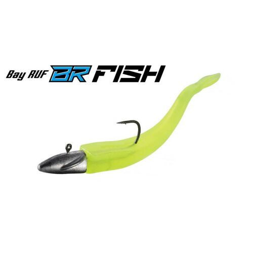 DUO BAYRUF BR FISH 3.3" (8.4cm) S044 Lime Gold gumicsali horgászcsali jig fejjel, döntött nézetben, fehér háttéren. - Gumicsali és twister