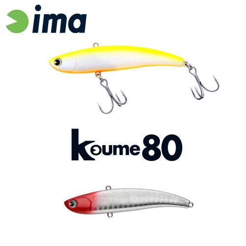 IMA KOUME VIBRATION 80mm 15gr horgászcsali sárga és fehér színben, alatta piros fejű változat, hármas horgokkal fehér háttéren - Horgász csali