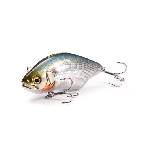 MEGABASS HADARA TRAP 70, 70mm 17gr GP SPARKLING CHART HEAD horgászcsali hármashorgokkal, ferde nézet fehér háttéren - Wobbler