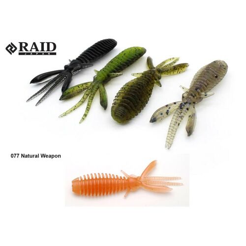RAID EGUBUG 2.5 hüvelykes 6.3 cm 077 Natural Weapon puha horgászcsalik különböző színekben, többek között fekete, zöld, barna és narancs, fehér háttéren elhelyezve - Gumicsali és twister