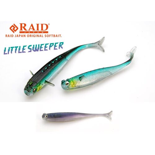 RAID Little Sweeper puha csali két méretben és színben, kék és ezüst, horgászathoz, fehér háttéren - Gumicsali és twister