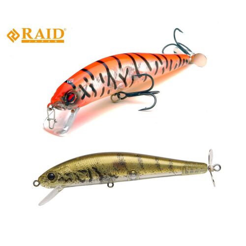 Két RAID ANSWER horgász wobbler, egy narancssárga 107mm 14gr 006 Fuyuu Ebi és egy természetes mintázatú, fehér háttéren - Wobbler