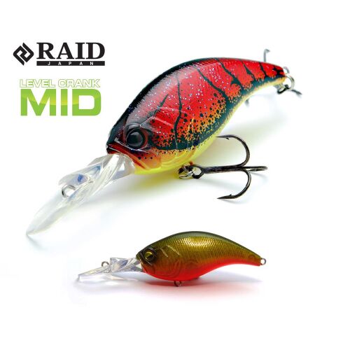 RAID LEVEL CRANK MID 59mm 10.5gr 023 Orepan horgászcsali, piros és fekete mintás crankbait hármashoroggal fehér háttéren, horgász műcsali - Wobbler