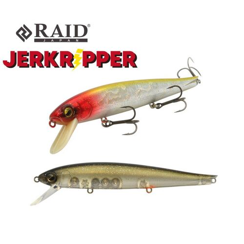 RAID JAPAN JERKRIPPER 122mm 17.5gr 005 Houran horgászcsali, két wobbler fehér háttéren, a felső piros fejjel és ezüst testtel, az alsó átlátszó testtel és aranyzöld háttal - Wobbler