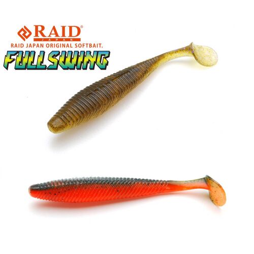 RAID FULLSWING 4 hüvelykes 10 cm-es 056 Orange Punch gumicsali, felülnézetben két különböző gumicsali, egy áttetsző zöld és egy élénk narancssárga sötét háttal, sügér és csuka horgászatához - Gumicsali és twister