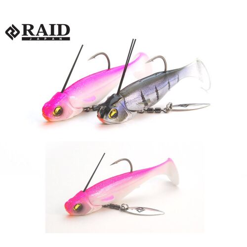 RAID HEAD SWIMMER LIBERO 7gr 010 Pink Trick gumicsali horgászatra horgokkal és spiner pengével, két swimbait fehér háttéren - Horgászat