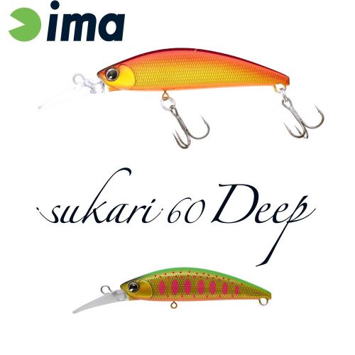 IMA Sukari 60 Deep 60mm 8gr 004 Ibuki horgász wobbler, két színváltozatban, felül narancs és sárga, alul zöld rózsaszín foltokkal - Wobbler