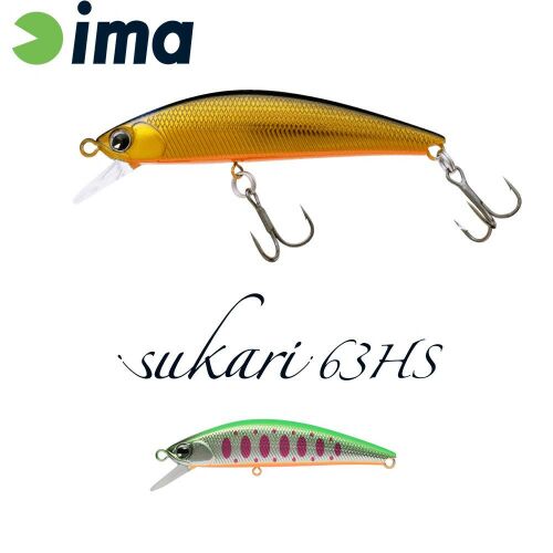 IMA SUKARI 63HS 63mm 8gr 005 Mebuki arany és zöld színű horgász wobbler műcsali horgokkal, ideális sügér és pisztráng horgászathoz - Wobbler