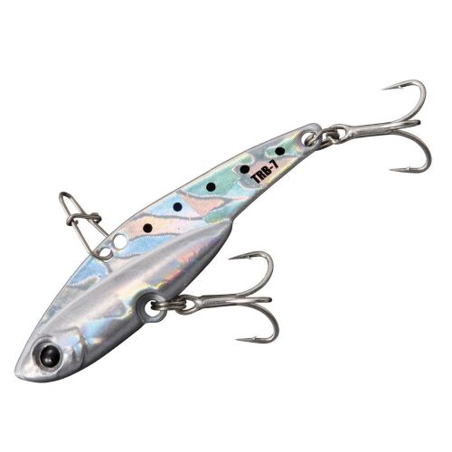 MAJOR CRAFT TIDRIFT BLADE MICRO 4.5cm 7gr #022 Shirashu UV horgászcsali, egy ezüst és irizáló fém jig két hármas horoggal, döntött nézet fehér háttéren - Horgász csali