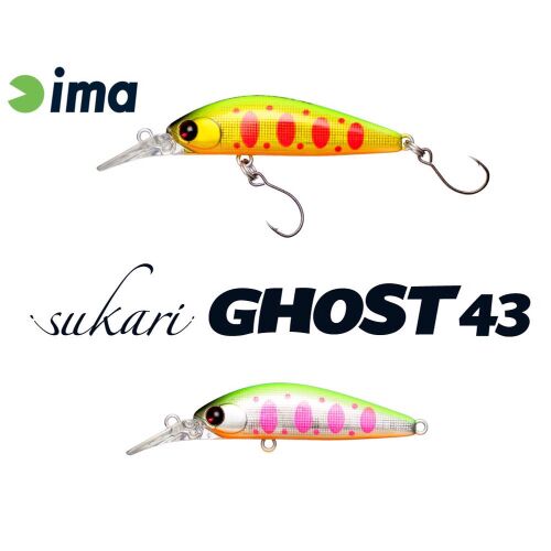 IMA SUKARI GHOST 43SU 43mm 2.4gr 006 Mebuki horgász wobbler, két változatban, az egyik piros, a másik rózsaszín foltokkal, fehér háttéren - Műcsali