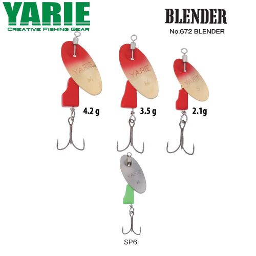 YARIE BLENDER No.672 BLENDER 2.1gr SP6 Ezüst Chart horgász körforgó csali fehér háttéren, több méretben, köztük 4.2g, 3.5g és 2.1g, piros és krémszínű testtel és ezüst horoggal. - Körforgó és támolygó villantó