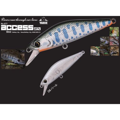 YARIE 677 ACCESS HS 50mm 4.3gr D8 Pearl wobbler horgászcsali kék foltokkal és természetes halmintával, egy sima ezüst változattal és kisebb akcióképekkel a halfogásokról. - Wobbler