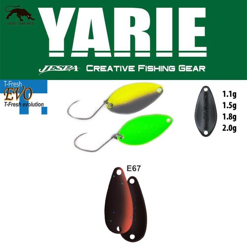 YARIE 710T T-FRESH EVO 1.5gr E67 Winner Brown kanalas horgászcsali, két kanalat mutatva sárga/szürke és zöld színben, valamint két barna kanál testet súlyösszehasonlításhoz - Körforgó és támolygó villantó
