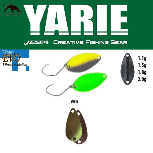 YARIE 710T T-FRESH EVO 1.5gr W6 Ehuesukai horgászcsali, két kanalas csali sárga és zöld színben, horgokkal, valamint egy kiegészítő fekete kanalas csali különböző súlyokkal: 1.1g, 1.5g, 1.8g, 2.0g - Körforgó és támolygó villantó