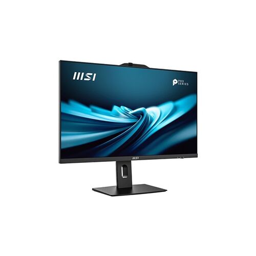 MSI PRO AP272P 14M-1085XEU all-in-one PC, szögből nézve, fekete 27 hüvelykes Full HD kijelző MSI logóval 