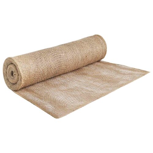 vidaXL természetes juta tekercs, 50x5000 cm, kicsomagolva, ferde nézet fehér háttéren, kézműves és dekorációs célokra ideális - Textil méteráru