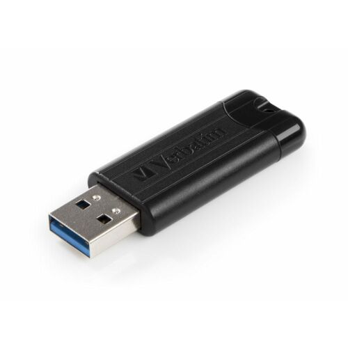 Verbatim 16 GB-os PinStripe USB 3.0 pendrive, fekete, ferde nézet kihúzott csatlakozóval, fehér háttéren - Adattároló