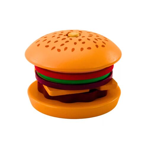 Fa játék hamburger szezámos zsemlével, húspogácsával, salátával, paradicsommal, sajttal és hagymaszeletekkel, játék konyhai szórakozásra készen - Játék élelmiszer