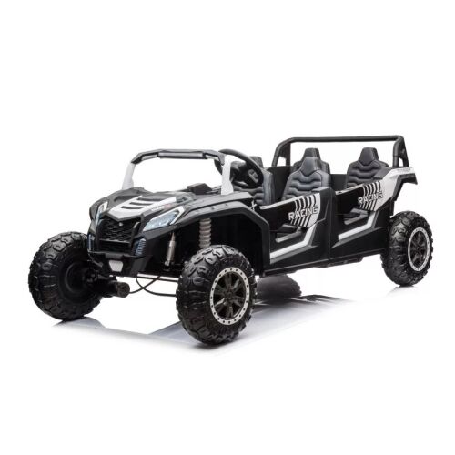 Szögletes nézet Elektromos Buggy A033 4x4 24V Fehér gyermek elektromos autóról, bemutatva az üléseket és strapabíró kerekeit - Elektromos gyerekjármű