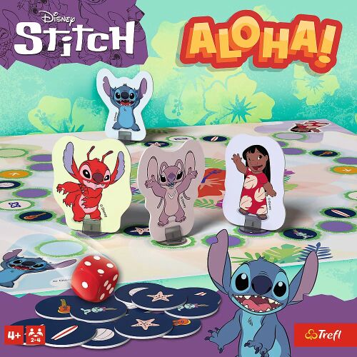 Közelkép a Lilo és Stitch Aloha! családi társasjátékról Trefl 02657, karakterfigurákkal, játéktábla részletekkel, dobókockával és doboz grafikával - Társasjáték