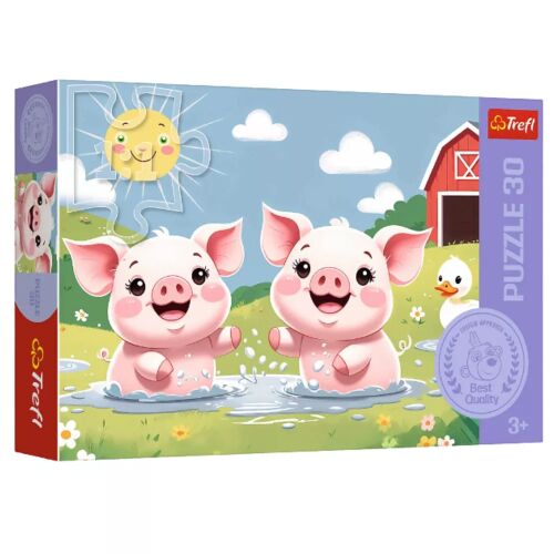Trefl 18334 Boldog élet a farmon 30 darabos puzzle doboz két sárban játszó malaccal, istállóval, kacsával és nappal, napos időben - Puzzle