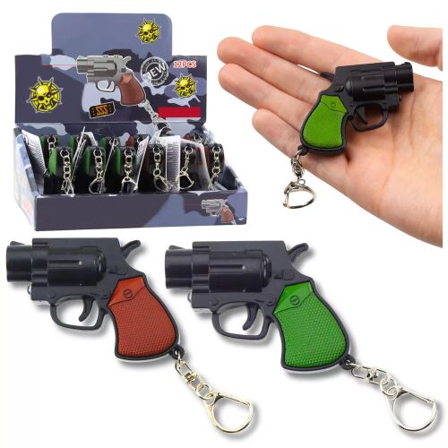 Kollázs, amely mini revolver kulcstartókat mutat be display dobozban, kézben, valamint különálló piros-barna és zöld változatokat - Kulcstartó