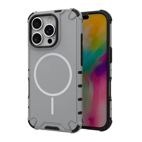 iPhone 16 Pro GIGAPACK Defender világosszürke műanyag telefonvédő MagSafe kompatibilitással és ütésállósággal, szögletes nézetben, a telefon részben látható - Gigapack