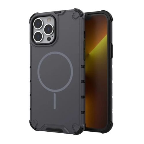 iPhone 14 Pro GIGAPACK Defender sötétszürke ütésálló tok MagSafe kompatibilitással, ferde nézet fehér háttéren - Telefontok