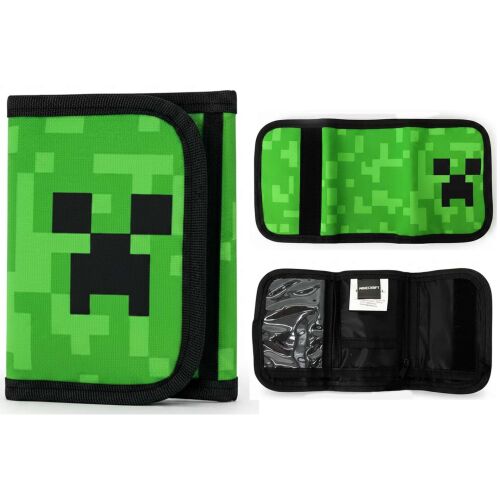 Minecraft Creeper pénztárca kollázs, zárt elölnézetet, nyitott elölnézetet és nyitott belső nézetet mutat - Gyerek pénztárca