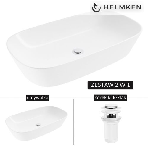 Helmken 39370000 fehér pultra építhető mosdó és fehér click-clack lefolyó dugó, 2 az 1-ben szettként bemutatva egy komplett fürdőszobai megoldáshoz - Mosdókagyló