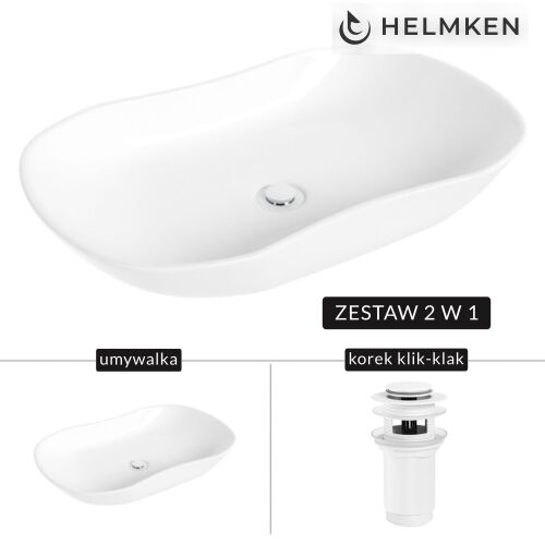 Helmken 57066000 fehér pultra építhető mosdó és Helmken 37509003 fehér klikk-klakk leeresztő dugó együtt, 2 az 1-ben szettként bemutatva a komplett fürdőszobai megoldásért. - Mosdókagyló
