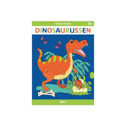 Dinoszauruszok színezőkönyv 5+, holland nyelvű dinoszaurusz színezőkönyv gyerekeknek, nagyméretű narancssárga T-Rexszel és tojásból kikelő kisdinoszaurusszal, csontokkal és növényzettel kék háttéren, ideális 5 éves kortól különböző festékekkel és ceruzákkal való színezéshez. - Könyv
